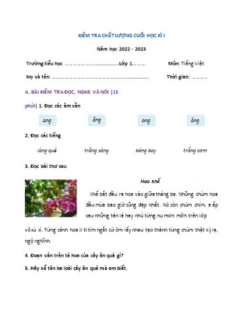 Kiểm tra chất lượng cuối học kì 1 Tiếng Việt Lớp 1 (Phát triển năng lực) - Đề 1 - Năm học 2022-2023 (Có đáp án)