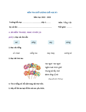 Kiểm tra chất lượng cuối học kì 1 Tiếng Việt Lớp 1 (Phát triển năng lực) - Đề 2 - Năm học 2022-2023 (Có đáp án)