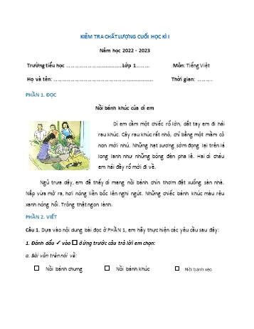 Kiểm tra chất lượng cuối học kì 1 Tiếng Việt Lớp 1 (Sách Vì sự bình đẳng) - Đề 2 - Năm học 2022-2023 (Có đáp án)