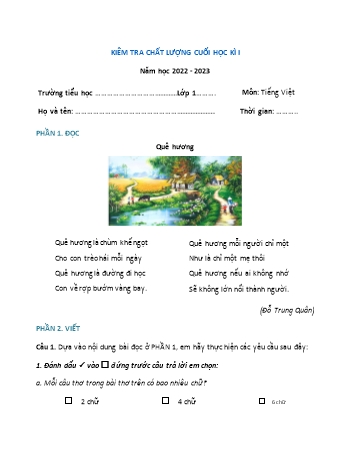 Kiểm tra chất lượng cuối học kì 1 Tiếng Việt Lớp 1 (Sách Vì sự bình đẳng) - Đề 3 - Năm học 2022-2023 (Có đáp án)