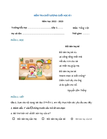 Kiểm tra chất lượng cuối học kì 1 Tiếng Việt Lớp 1 (Sách Vì sự bình đẳng) - Đề 1 - Năm học 2022-2023 (Có đáp án)