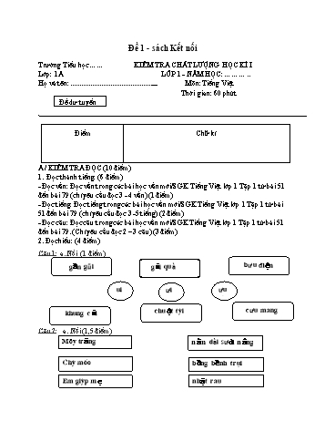 Kiểm tra chất lượng học kì 1 Tiếng Việt Lớp 1 (Sách Kết nối tri thức) - Đề 1 (Có đáp án và biểu điểm)