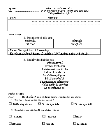 Kiểm tra cuối học kì 1 Tiếng Việt Lớp 1 (Sách Kết nối tri thức) - Năm học 2022-2023 (Có đáp án)
