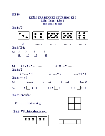 Kiểm tra định kì giữa học kì 1 Toán Lớp 1 - Đề 10