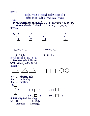 Kiểm tra định kì giữa học kì 1 Toán Lớp 1 - Đề 11