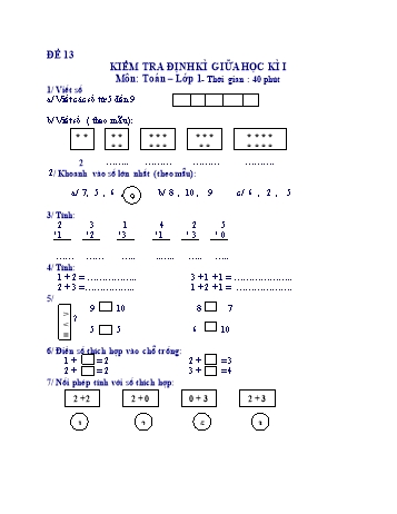 Kiểm tra định kì giữa học kì 1 Toán Lớp 1 - Đề 13