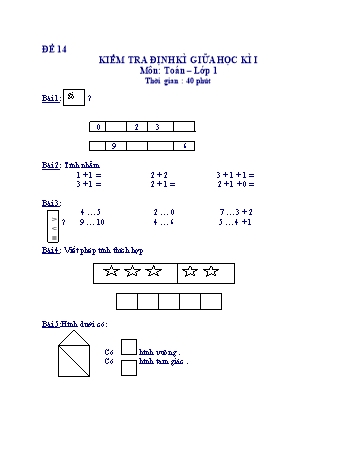 Kiểm tra định kì giữa học kì 1 Toán Lớp 1 - Đề 14
