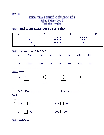 Kiểm tra định kì giữa học kì 1 Toán Lớp 1 - Đề 16