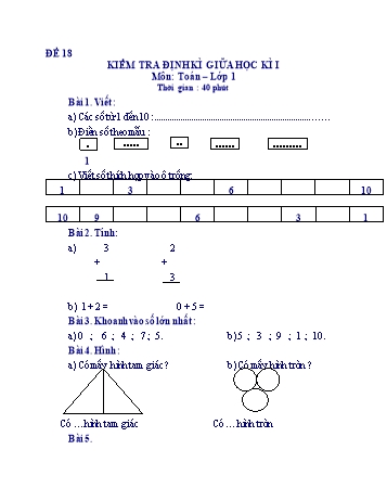 Kiểm tra định kì giữa học kì 1 Toán Lớp 1 - Đề 18