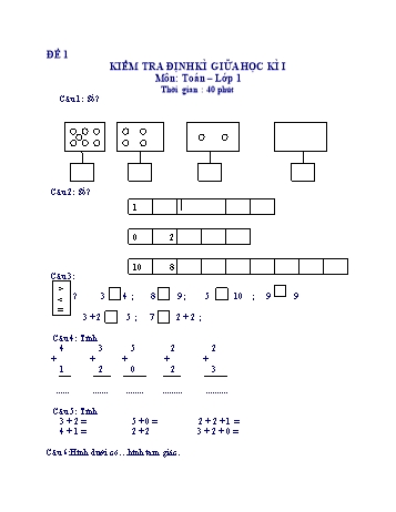 Kiểm tra định kì giữa học kì 1 Toán Lớp 1 - Đề 1