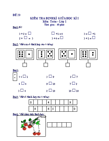 Kiểm tra định kì giữa học kì 1 Toán Lớp 1 - Đề 20