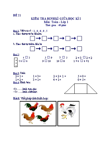 Kiểm tra định kì giữa học kì 1 Toán Lớp 1 - Đề 21