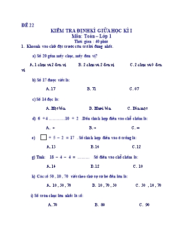 Kiểm tra định kì giữa học kì 1 Toán Lớp 1 - Đề 22
