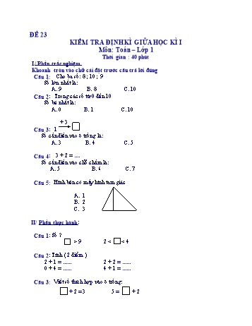 Kiểm tra định kì giữa học kì 1 Toán Lớp 1 - Đề 23