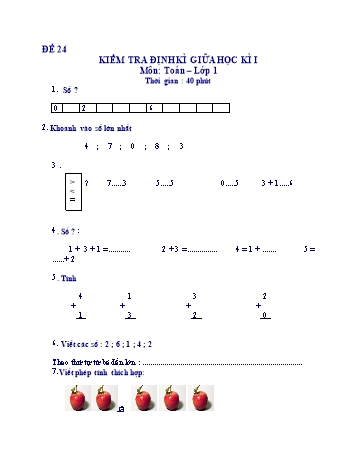 Kiểm tra định kì giữa học kì 1 Toán Lớp 1 - Đề 24