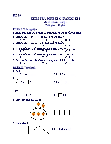 Kiểm tra định kì giữa học kì 1 Toán Lớp 1 - Đề 25