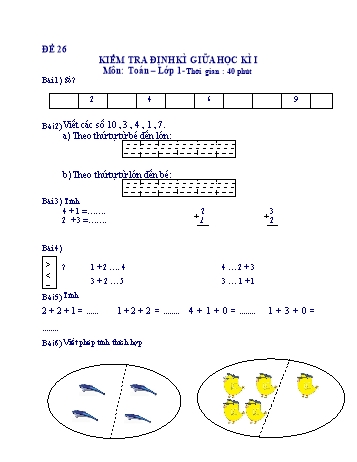 Kiểm tra định kì giữa học kì 1 Toán Lớp 1 - Đề 26