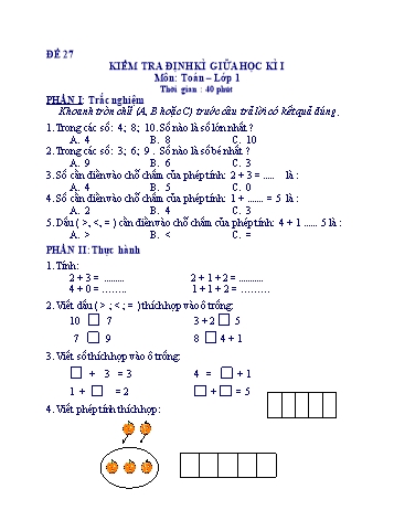 Kiểm tra định kì giữa học kì 1 Toán Lớp 1 - Đề 27