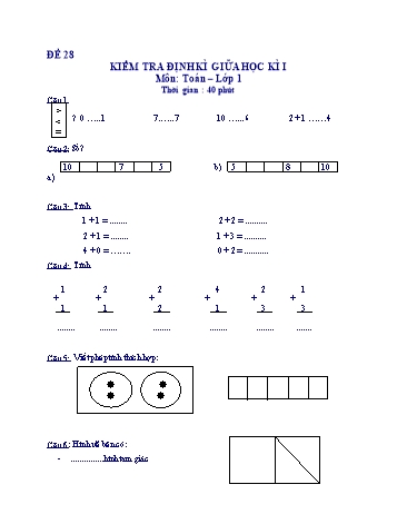 Kiểm tra định kì giữa học kì 1 Toán Lớp 1 - Đề 28