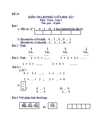 Kiểm tra định kì giữa học kì 1 Toán Lớp 1 - Đề 29