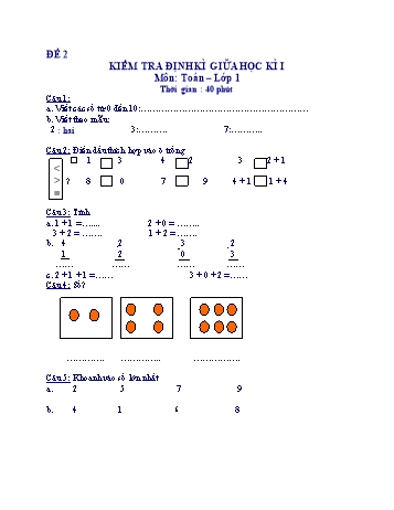 Kiểm tra định kì giữa học kì 1 Toán Lớp 1 - Đề 2