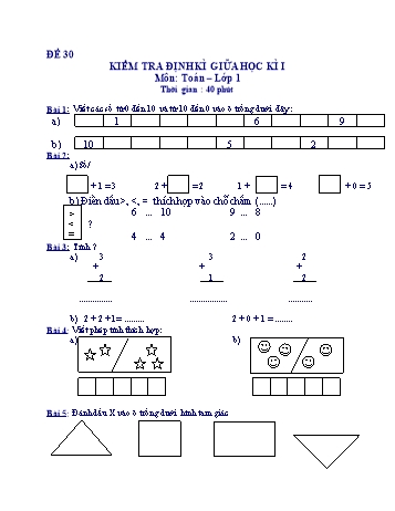 Kiểm tra định kì giữa học kì 1 Toán Lớp 1 - Đề 30