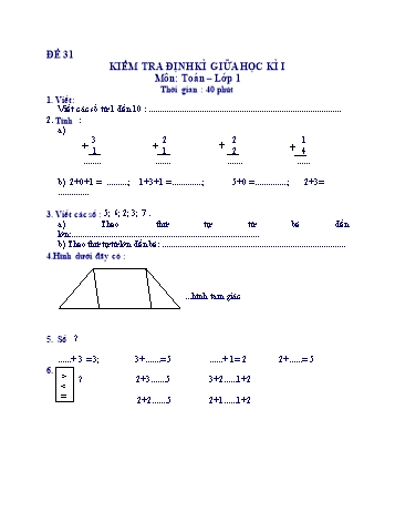 Kiểm tra định kì giữa học kì 1 Toán Lớp 1 - Đề 31