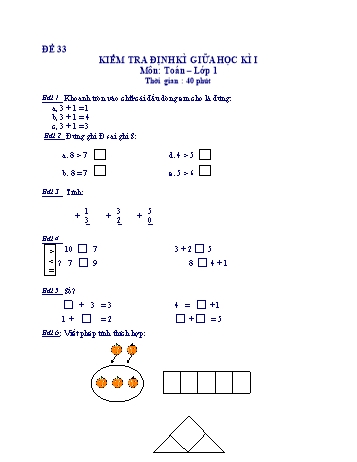 Kiểm tra định kì giữa học kì 1 Toán Lớp 1 - Đề 33