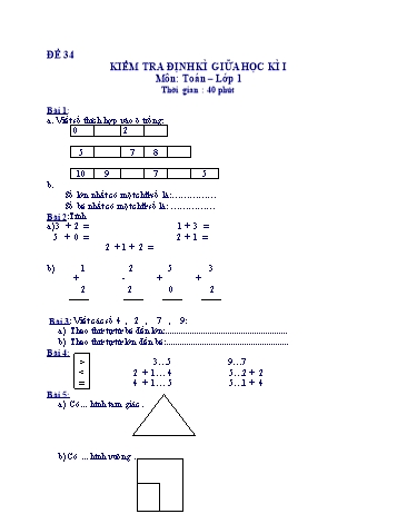 Kiểm tra định kì giữa học kì 1 Toán Lớp 1 - Đề 34