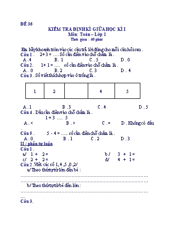 Kiểm tra định kì giữa học kì 1 Toán Lớp 1 - Đề 36