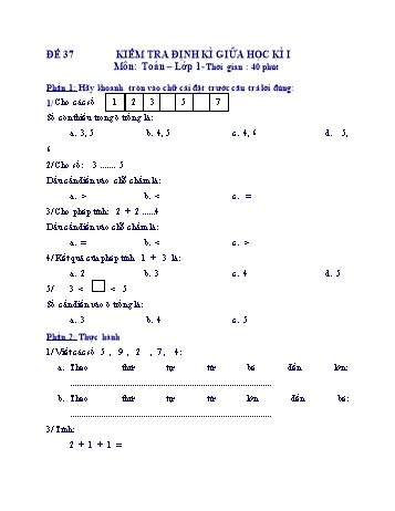 Kiểm tra định kì giữa học kì 1 Toán Lớp 1 - Đề 37