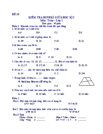 Kiểm tra định kì giữa học kì 1 Toán Lớp 1 - Đề 39