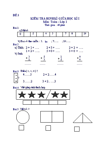 Kiểm tra định kì giữa học kì 1 Toán Lớp 1 - Đề 3