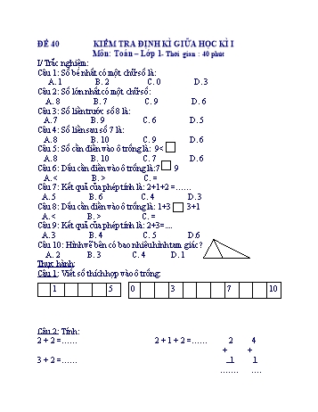Kiểm tra định kì giữa học kì 1 Toán Lớp 1 - Đề 40