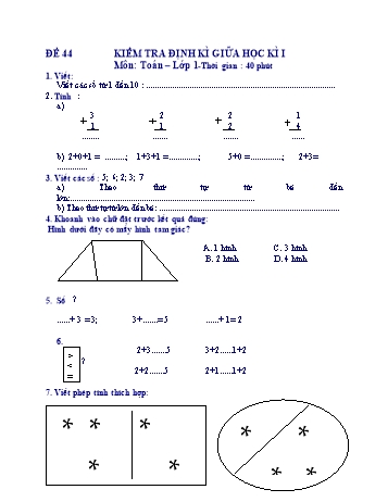 Kiểm tra định kì giữa học kì 1 Toán Lớp 1 - Đề 44