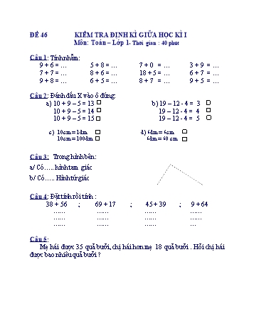 Kiểm tra định kì giữa học kì 1 Toán Lớp 1 - Đề 46