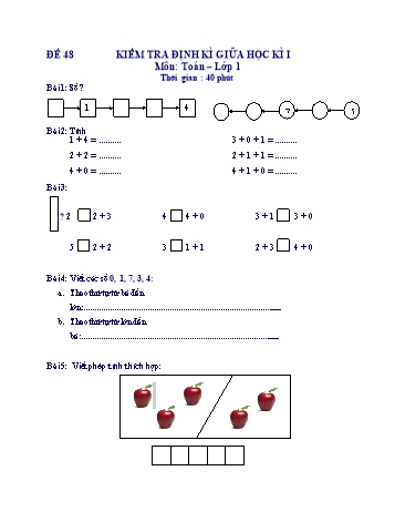 Kiểm tra định kì giữa học kì 1 Toán Lớp 1 - Đề 48