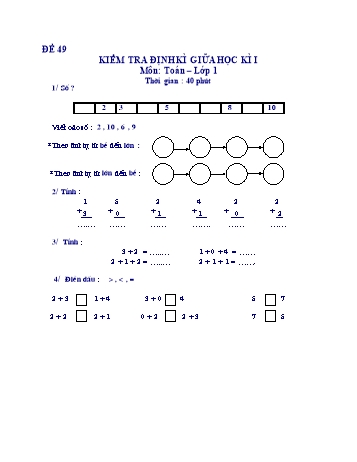 Kiểm tra định kì giữa học kì 1 Toán Lớp 1 - Đề 49