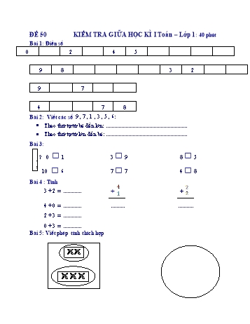 Kiểm tra định kì giữa học kì 1 Toán Lớp 1 - Đề 50