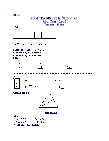 Kiểm tra định kì giữa học kì 1 Toán Lớp 1 - Đề 51