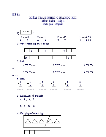 Kiểm tra định kì giữa học kì 1 Toán Lớp 1 - Đề 52