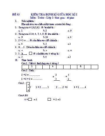 Kiểm tra định kì giữa học kì 1 Toán Lớp 1 - Đề 53