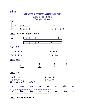 Kiểm tra định kì giữa học kì 1 Toán Lớp 1 - Đề 54