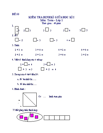 Kiểm tra định kì giữa học kì 1 Toán Lớp 1 - Đề 55