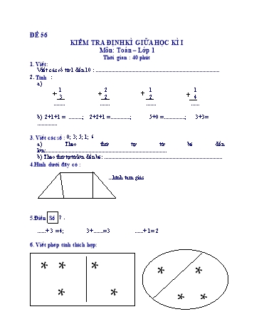 Kiểm tra định kì giữa học kì 1 Toán Lớp 1 - Đề 56