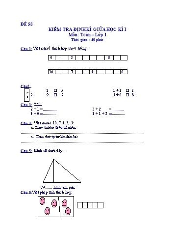 Kiểm tra định kì giữa học kì 1 Toán Lớp 1 - Đề 58