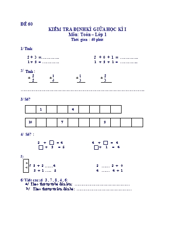 Kiểm tra định kì giữa học kì 1 Toán Lớp 1 - Đề 60