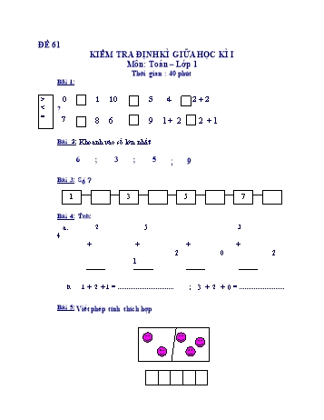 Kiểm tra định kì giữa học kì 1 Toán Lớp 1 - Đề 61