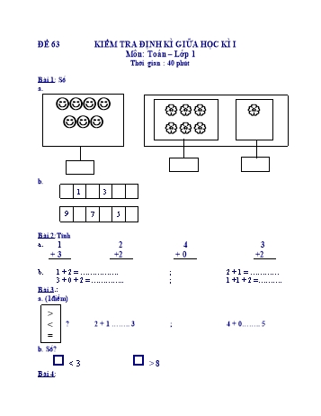 Kiểm tra định kì giữa học kì 1 Toán Lớp 1 - Đề 63
