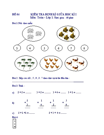 Kiểm tra định kì giữa học kì 1 Toán Lớp 1 - Đề 64